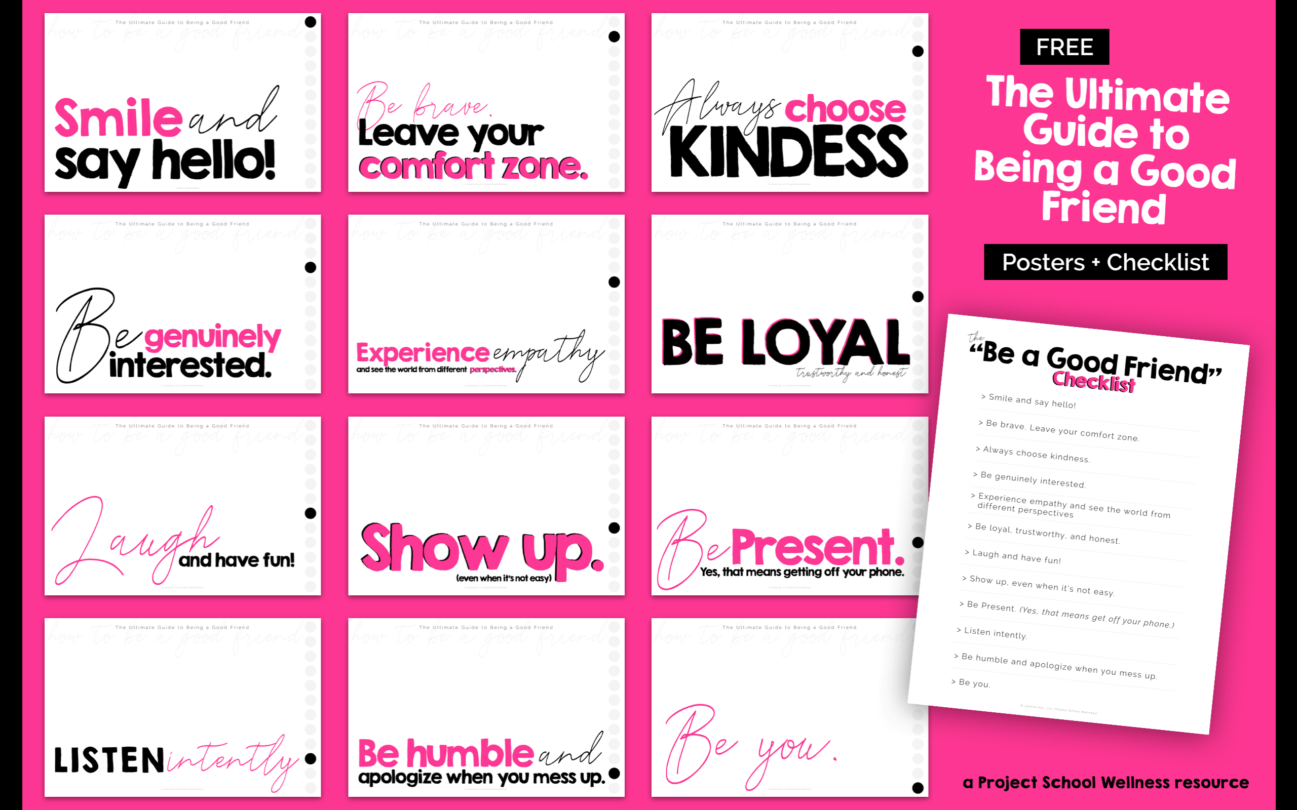 Free Classroom Posters - How to be A Good Friend. Use these posters in your classroom to promote being a good friend. Each poster features a social habit connected to being a good friend. These free classroom posters are perfect for any middle school classroom across the curriculum. Head over to Project School Wellness to download and print your posters.